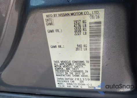 2016 Nissan Altima 2.5 Sl z USA, uszkodzony, nr VIN 1N4AL3AP1GC281359